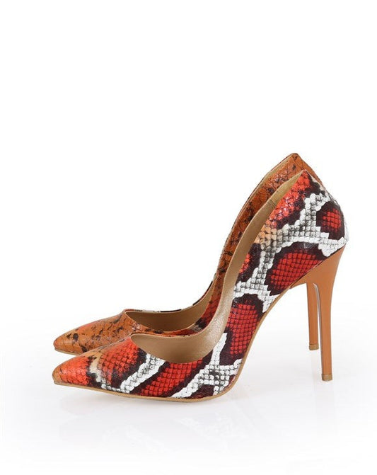 Cateline damesstilettoschoenen met oranje slangenprint en tas, elegante en stijlvolle hakken