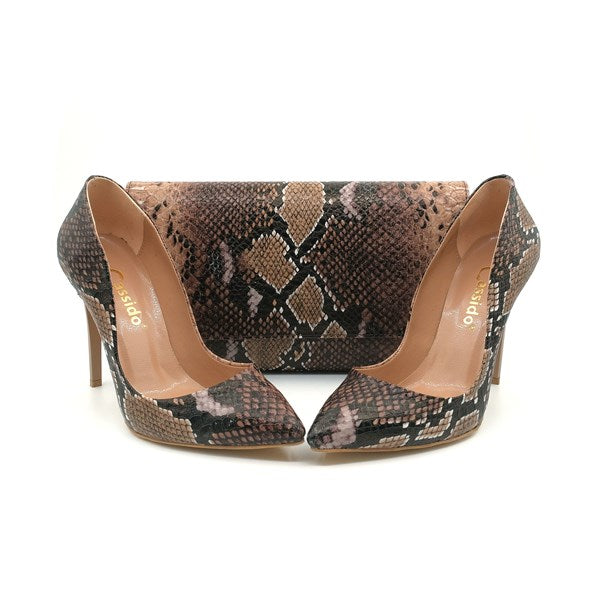 Cateline Brown Snake Printed Women's Stiletto Shoes with Bag Gift, Elegant and Stylish Heels