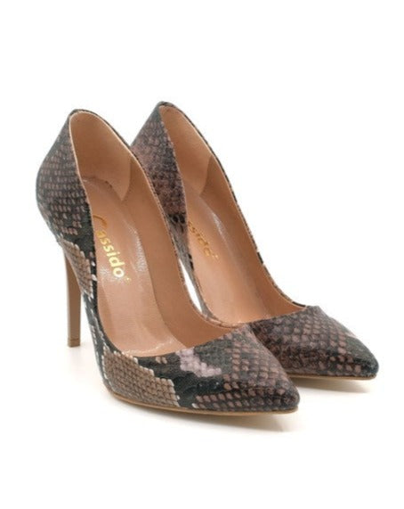 Cateline Brown Snake Printed Women's Stiletto Shoes with Bag Gift, Elegant and Stylish Heels