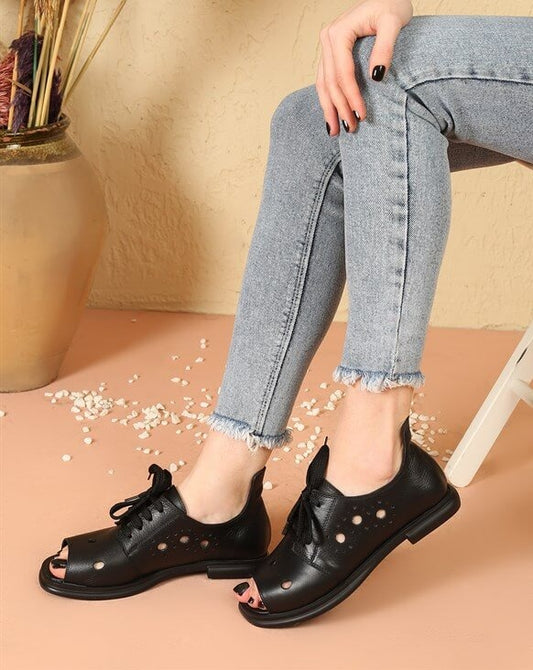 Denia Black 100% Leather Women's Oxfords Sandals, Smart Casual Urban Style