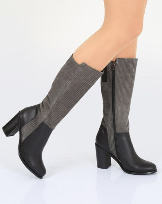 Silviagri Black/Gray Elastic Suede Leather Side Zippered Women's High Boots, Fashionable and Comfortable Footwear