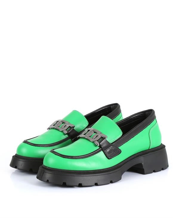 Isabella Pistachio Green Leather Women's Casual Loafer Shoes with Chain Detail and Eva Sole, Stylish and Comfortable