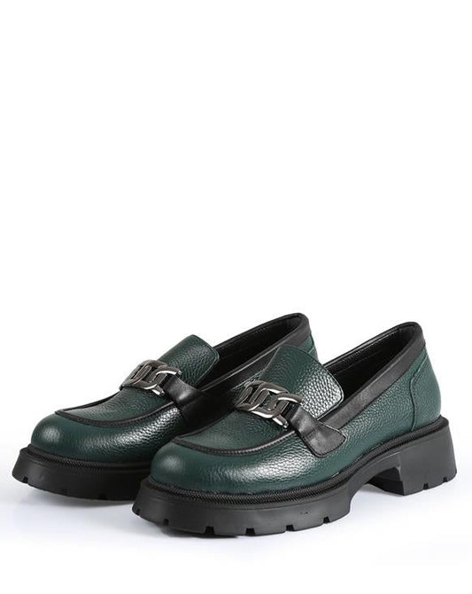 Isabella Green Leather Women's Casual Loafer Shoes with Chain Detail and Eva Sole, Stylish and Comfortable