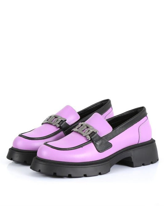 Isabella Lilac Leather Women's Casual Loafer Shoes with Chain Detail and Eva Sole, Stylish and Comfortable