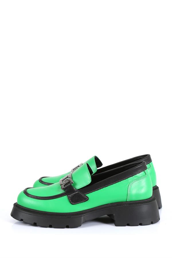 Isabella Pistachio Green Leather Women's Casual Loafer Shoes with Chain Detail and Eva Sole, Stylish and Comfortable