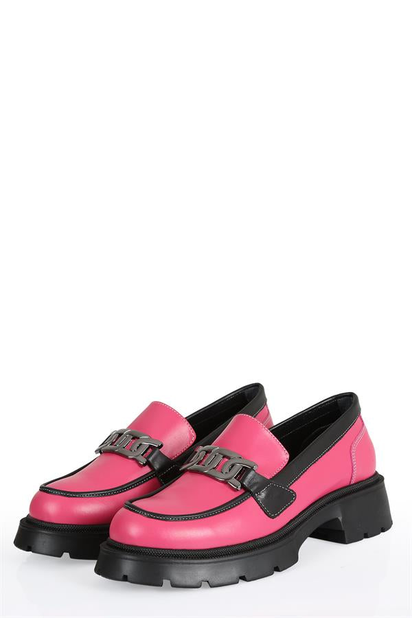 Isabella Fuschia Leather Women's Casual Loafer Shoes with Chain Detail and Eva Sole, Stylish and Comfortable