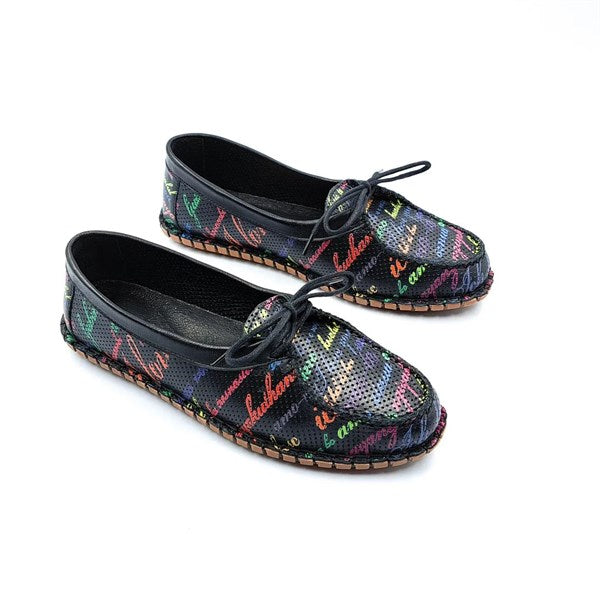 Sonia Black Leather Print-Detailed Orthopedic Sole Casual Flat Shoes, Comfortable Espadrilles