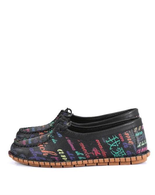 Sonia Black Leather Print-Detailed Orthopedic Sole Casual Flat Shoes, Comfortable Espadrilles