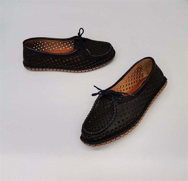 Sonia Black Leather Lace-Detailed Orthopedic Sole Casual Shoes, Breathable with Perforated Material