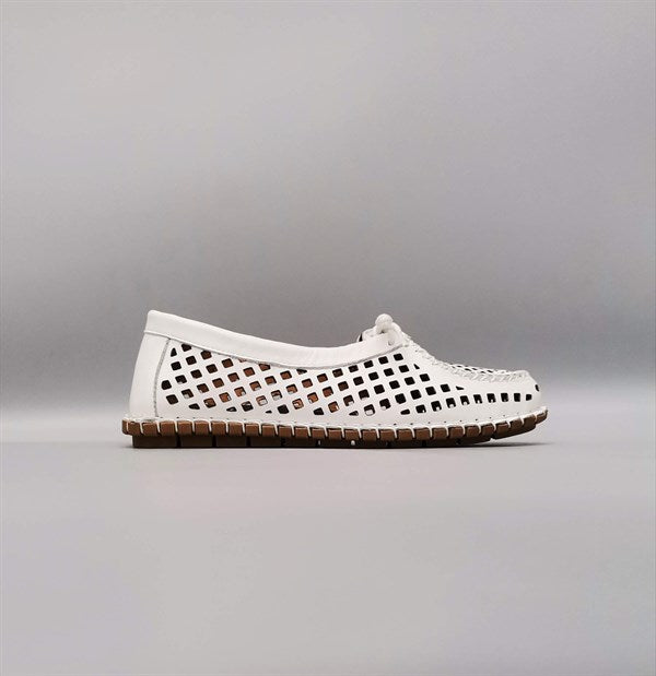 Sonia White Leather Lace-Detailed Orthopedic Sole Casual Shoes, Breathable with Perforated Material