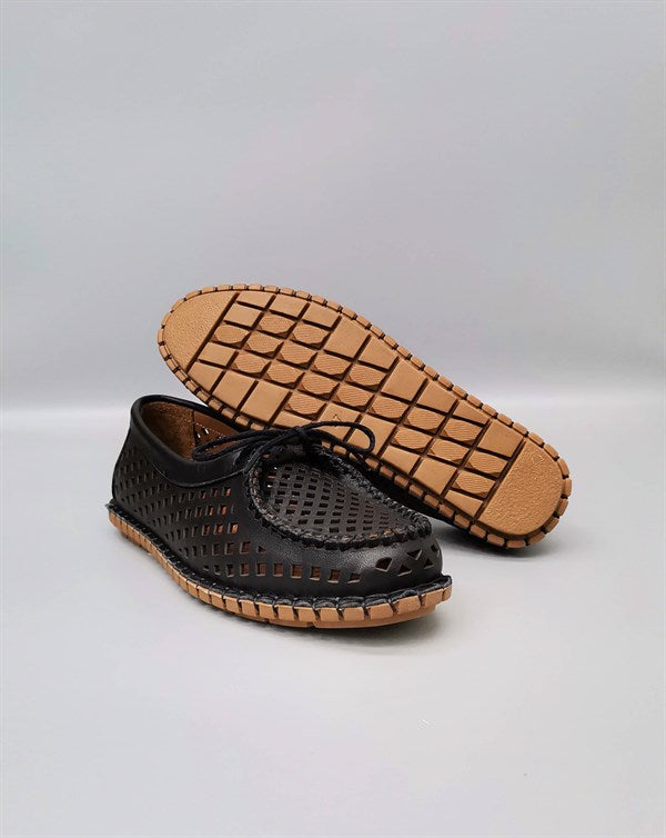 Sonia Black Leather Lace-Detailed Orthopedic Sole Casual Shoes, Breathable with Perforated Material