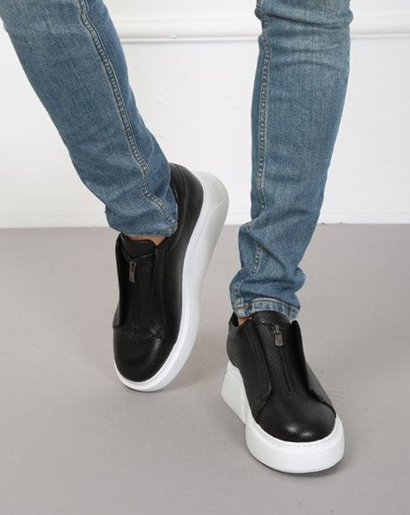 Elvis Herren-Sneaker in Schwarz aus 100 % Leder mit Reißverschluss und dicker Sohle, eleganter Casual-Stil