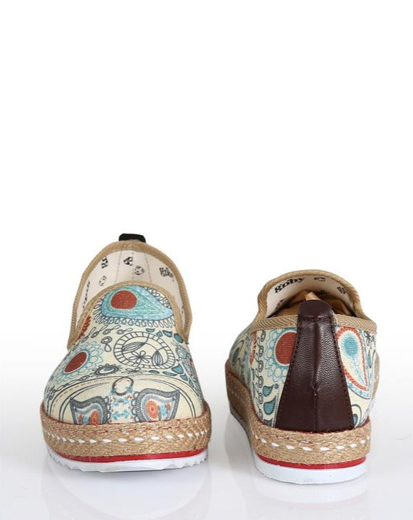 Weiße vegane Espadrilles mit Paisley-Muster für Damen, Schuhe im Retro-Design der 70er Jahre
