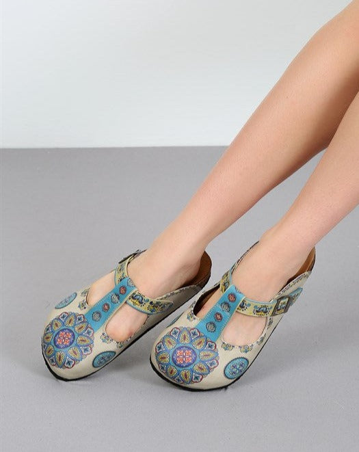 Paisley Pattern Printed Women's Beige Vegan Sandals with Adjustable Ankle Straps, Unique Design