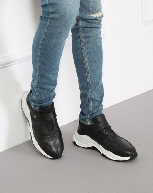 Osaka Black Snake Print 100% Leather Men's Strap Sneakers, Versatile Charm & Urban Appeal