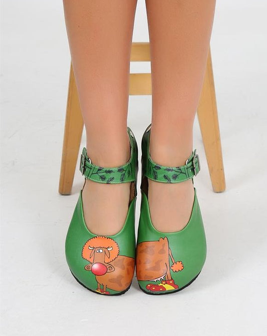 Cattle Printed Women's Green Vegan Sandals with Adjustable Ankle Straps and Anatomical Sole