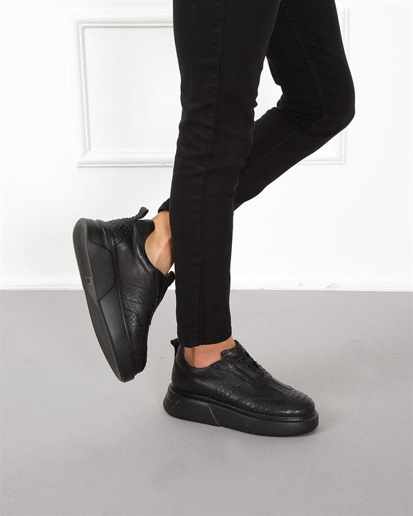 Seki Black Crocodile Printed 100% Leather Men's Sneakers, Easy to Wear & All-Season Suitable Sole