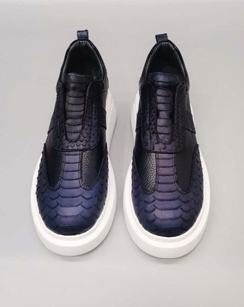 Seki Navy Blue Crocodile Printed 100% Leather Men's Sneakers, Easy to Wear & All-Season Suitable Sole