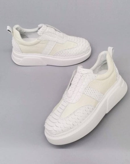 Seki White/Beige Crocodile Printed 100% Leather Men's Sneakers, Easy to Wear & All-Season Suitable Sole