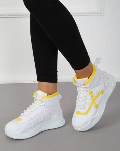 Freya White and Yellow Women's Lace-up Style Thick Sole Sneaker Boots