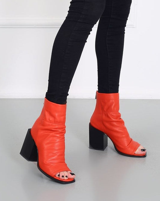Octavia Red Leather Heeled Women's Summer Boots with Back Zipper, Dressy Style
