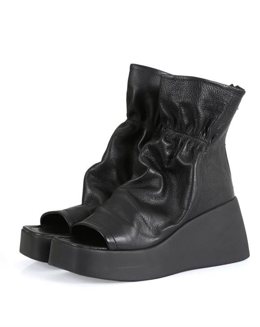Axel Black Leather Women's Platform Summer Boots with Back Zipper, Sleek Summer Booties for Daily Look