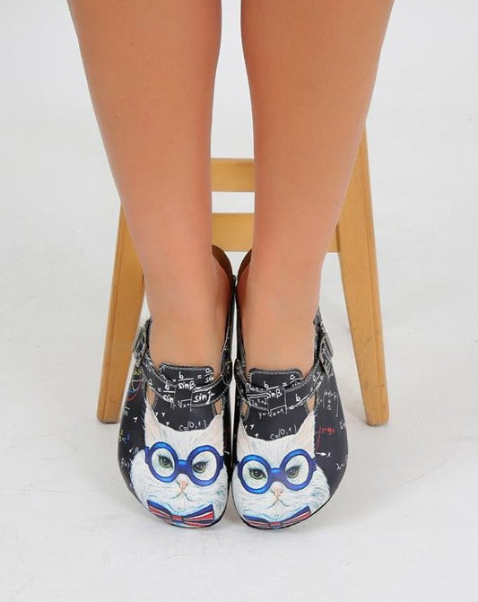 Smart Kitty Printed Women's Black Vegan Sandals with Adjustable Straps, Unique Design