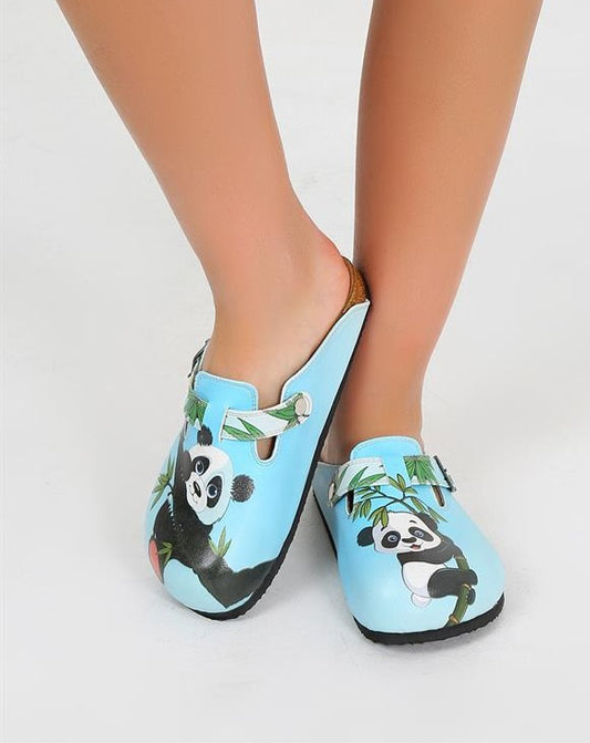 Panda Printed Women's Blue Vegan Sandals with Adjustable Straps, Unique Design