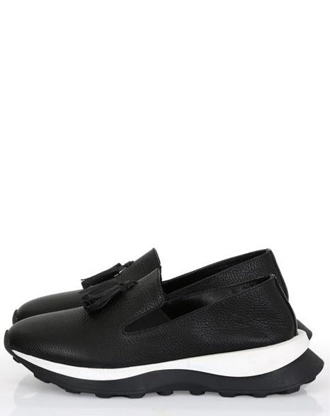 Viola Black 100% Leather Classic Designed Women's Loafers, Easy to Wear with Side Elastic