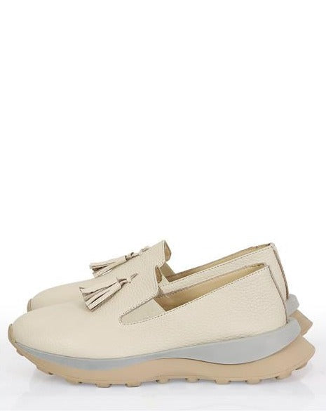 Viola Beige 100% Leather Classic Designed Women's Loafers, Easy to Wear with Side Elastic