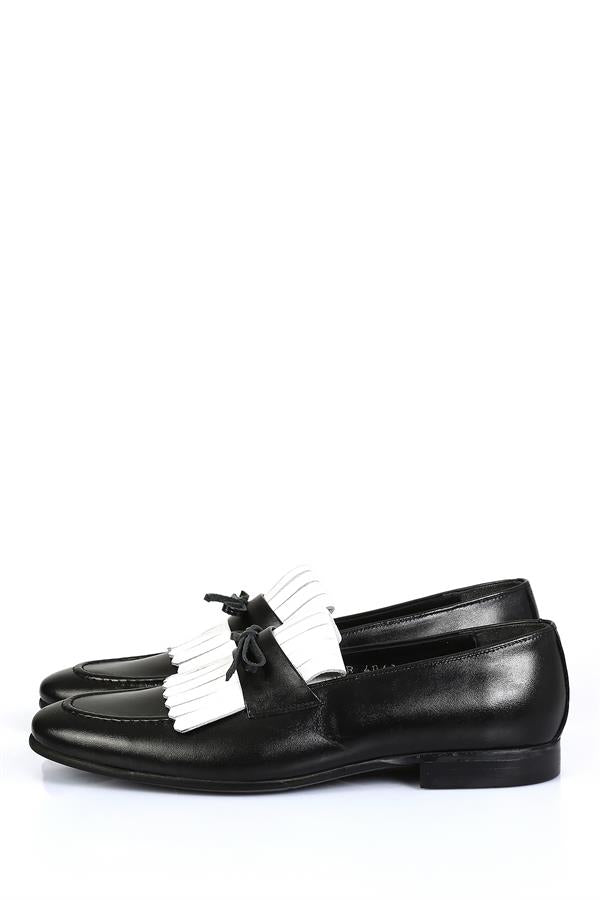 Danilo Black/White Leather Tassel Loafers, Men's Classic Shoes with Neolite Sole and Gift Belt