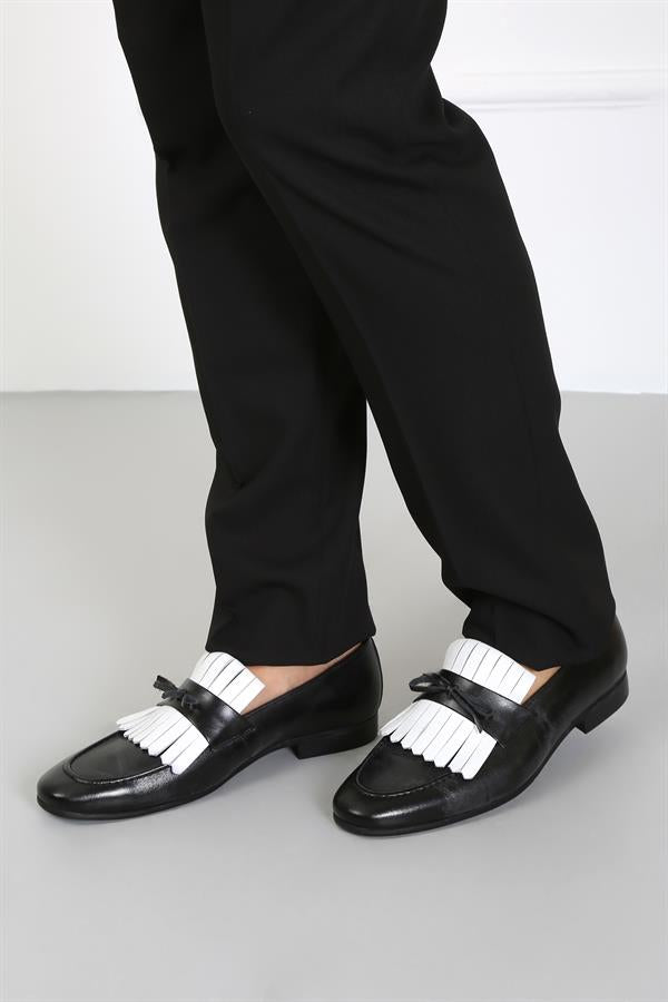 Danilo Black/White Leather Tassel Loafers, Men's Classic Shoes with Neolite Sole and Gift Belt