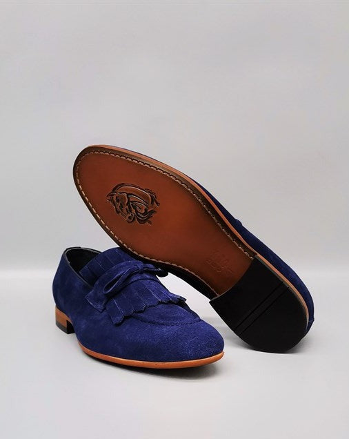 Danilo Navy Blue Suede Leather Tassel Loafers, Men's Classic Shoes with Neolite Sole and Gift Belt