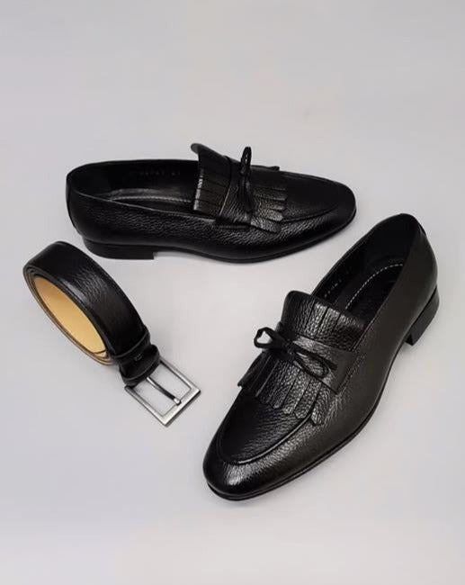 Danilo Black Floater Leather Tassel Loafers, Men's Classic Shoes with Neolite Sole and Gift Belt