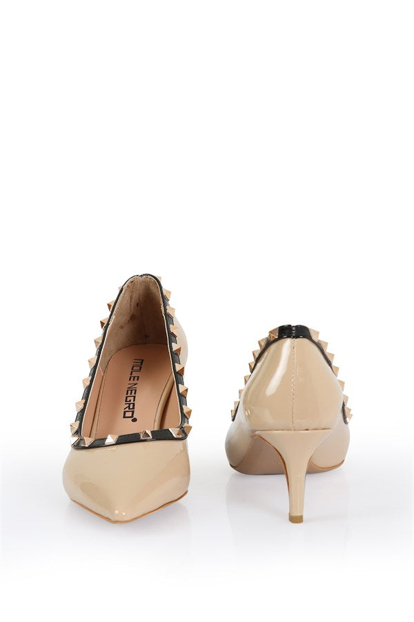 Cherina Beige Patent Leather Women's Stilettos with Elegant Design with Studded Accessories