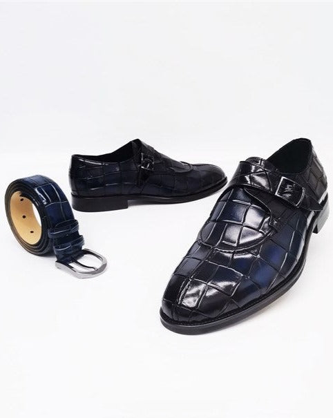 Lorenzo 100% leren heren marineblauwe loafers met gesp, klassieke schoenen met riem cadeau