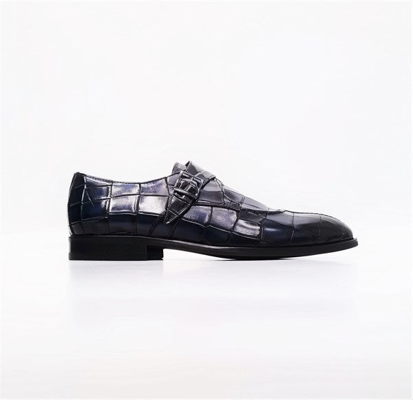 Lorenzo 100% Leather Men's Navy Blue Loafers with Buckle, Classic Shoes with Belt Gift