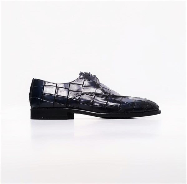 Dante Navy Blue 100% Leather Men's Lace-Up Shoes with Belt Gift, Formal Classic Shoes