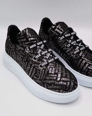 Denissa Black Leather Lace-up Magazine Printed Women's Sneakers, Effortlessly Stylish