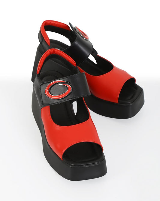 Zeta Red 100% Leather Platform Heels Sandals: Stunning Strap Details for Women's Summer Style