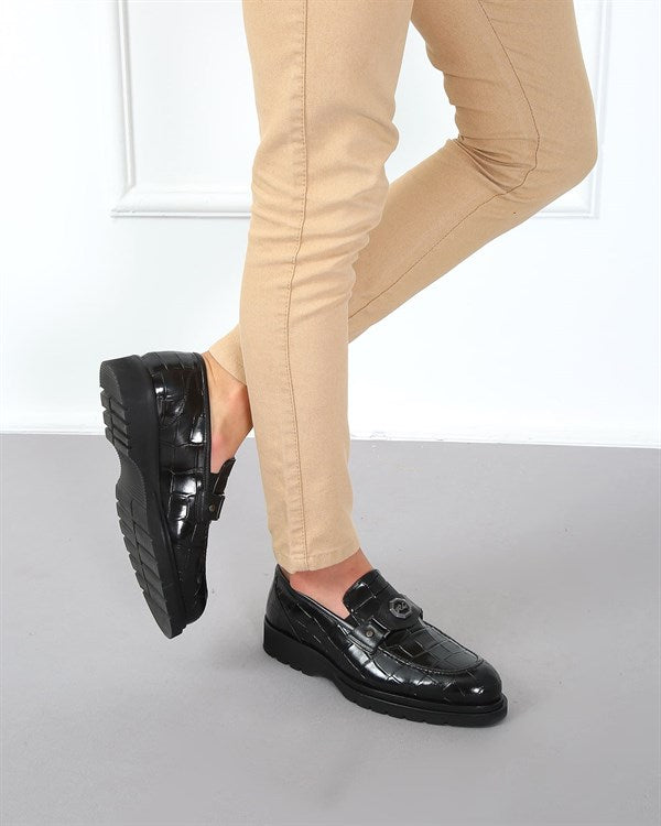 Vernon Black Leather Eva Sole Crocodile Print & Buckle Detail Men's Classic Loafer Shoes