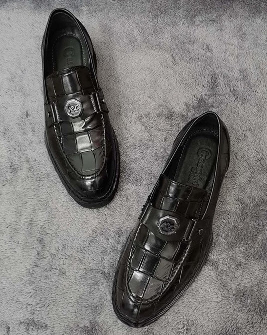 Vernon Klassieke loaferschoenen voor heren van zwart leer met Eva Sole, krokodillenprint en gespdetail
