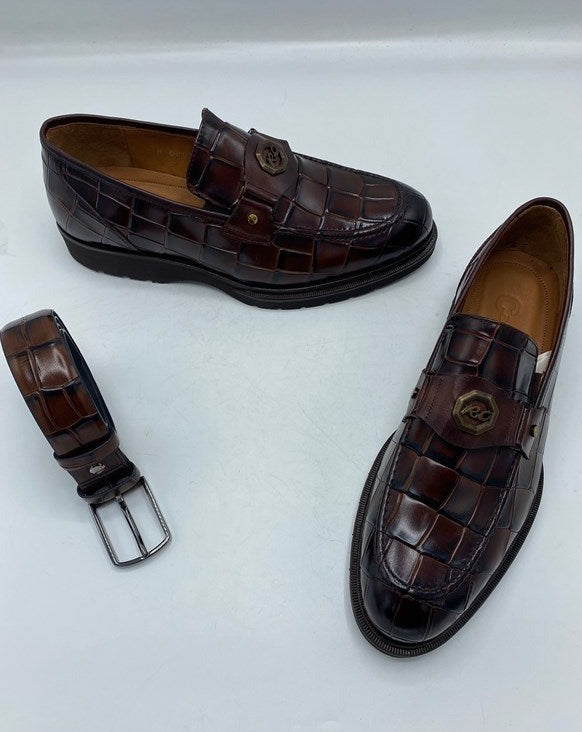 Vernon Burgundy Leather Eva Sole Crocodile Print & Buckle Detail Men's Classic Loafer Shoes