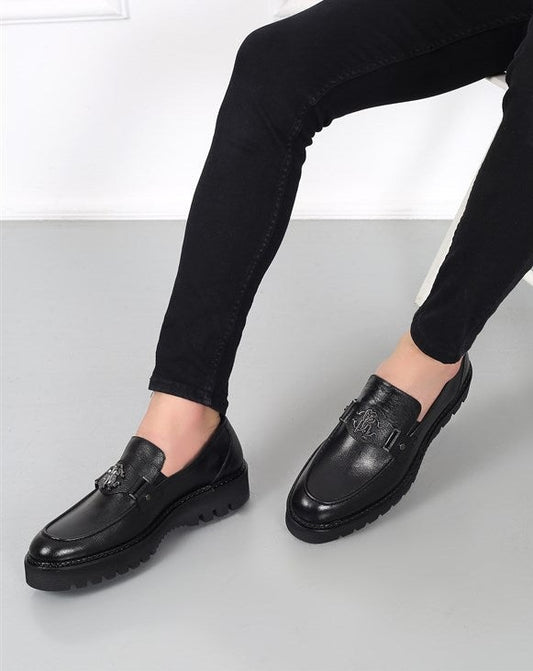 Manila Black Leather Men's Loafer with Buckle Detailed Casual Shoes, Perfect for Everyday Wear