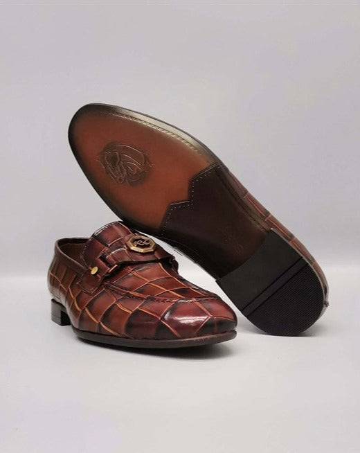 Menton Herren-Loafer-Schuhe aus hellbraunem Leder mit Microlight-Sohle, Krokodildruck und Schnallendetail