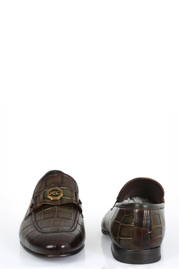 Menton Khaki Leather Microlight Sole Crocodile Print & Buckle Detail Men's Classic Loafer Shoes