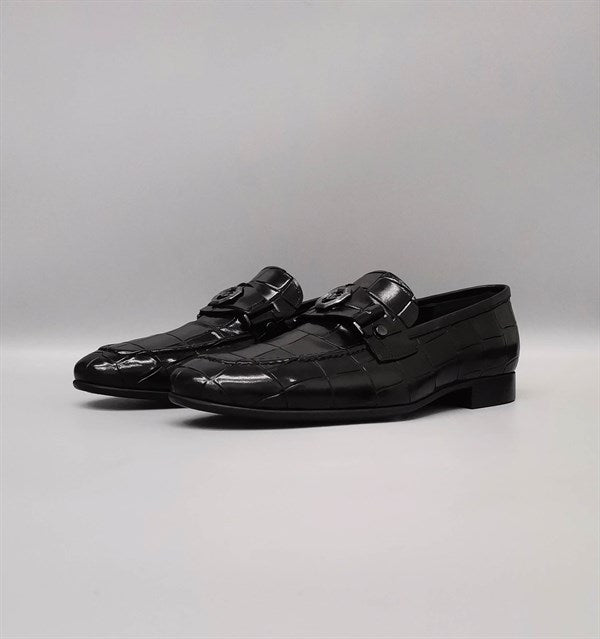 Menton Black Leather Microlight Sole Crocodile Print & Buckle Detail Men's Classic Loafer Shoes
