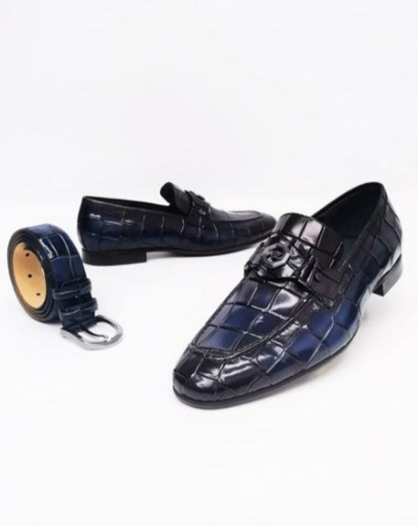 Menton Navy Blue Leather Microlight Sole Crocodile Print & Buckle Detail Men's Classic Loafer Shoes
