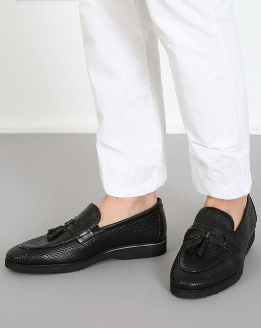 Fresnes Black Leather Eva Sole Men's Classic Shoes with Tassel Detail, Breathable Loafers for Summer