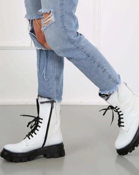Azalea White 100% Leather Comfortable Women's Boots, Lace-up & Side Zipper Detail